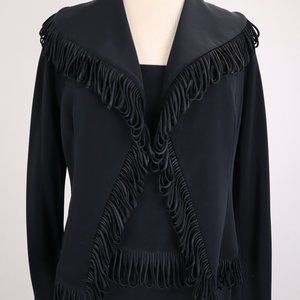 ❄️ Vtg 80's Gilar Evening Jet Black Fringe 3 Piece Suit Top Jacket Pants 6P